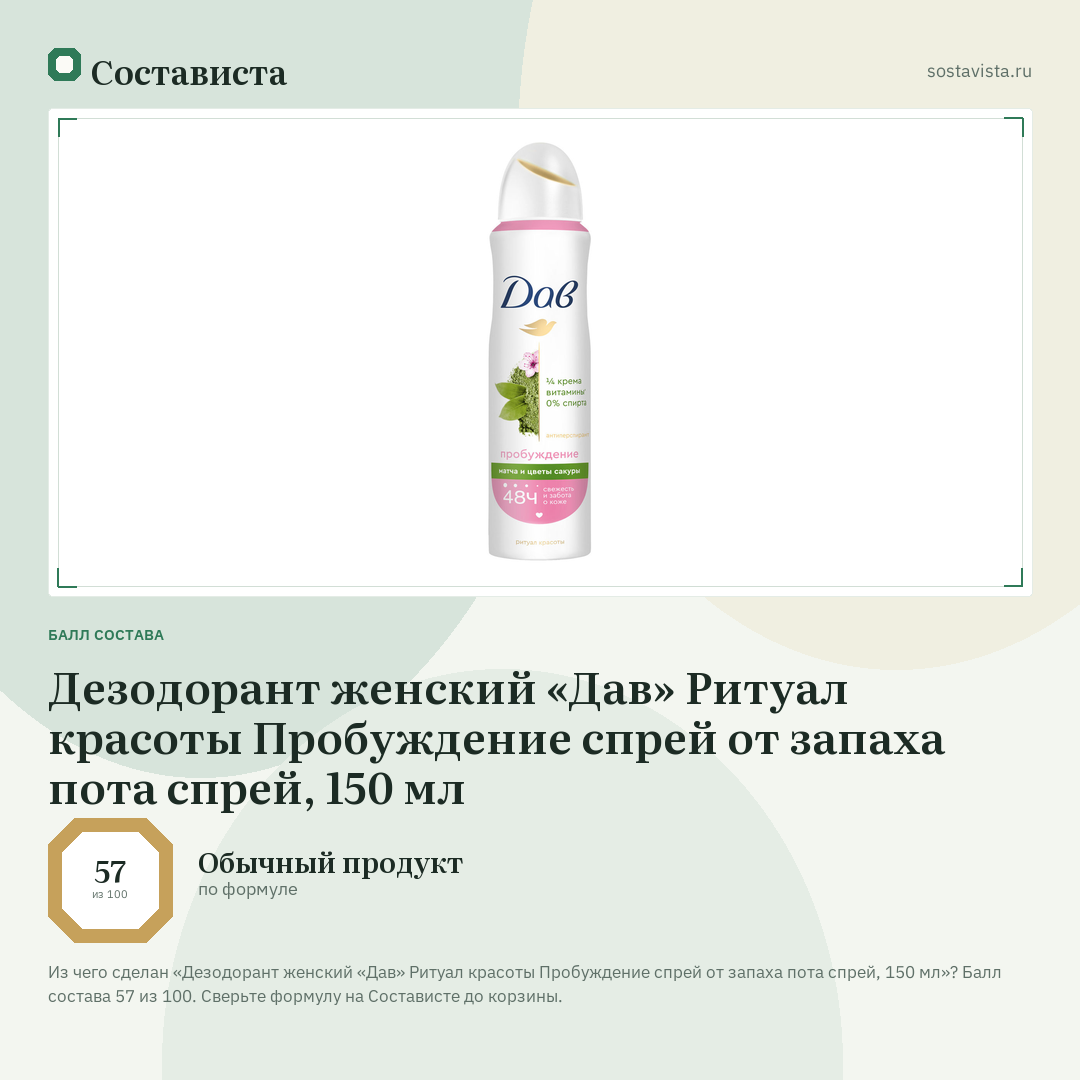 Дезодорант женский «Дав» Ритуал красоты Пробуждение спрей от запаха пота спрей, 150 мл: балл состава 57 из 100 — Состависта