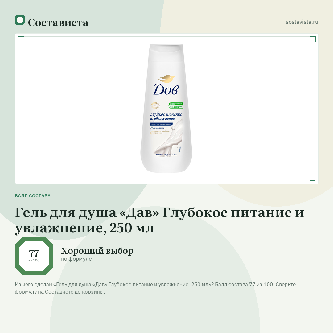 Гель для душа «Дав» Глубокое питание и увлажнение, 250 мл: балл состава 77 из 100 — Состависта