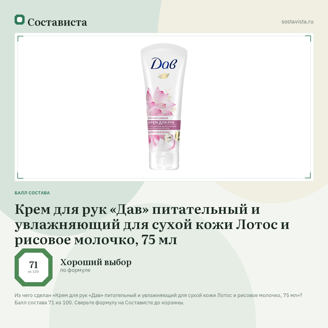 Крем для рук «Дав» питательный и увлажняющий для сухой кожи Лотос и рисовое молочко, 75 мл: балл состава 71 из 100 — Состависта