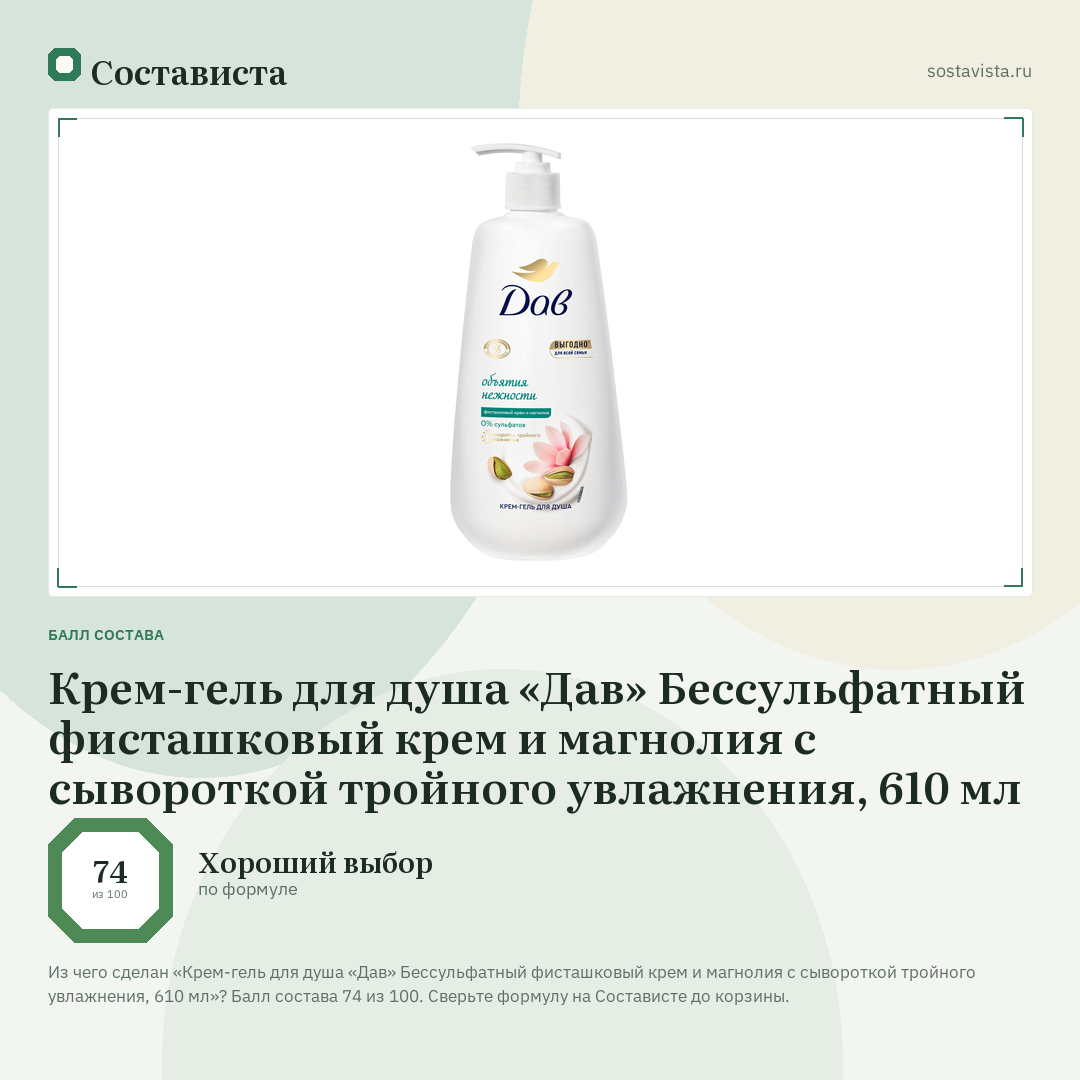 Крем-гель для душа «Дав» Бессульфатный фисташковый крем и магнолия с сывороткой тройного увлажнения, 610 мл: балл состава 74 из 100 — Состависта