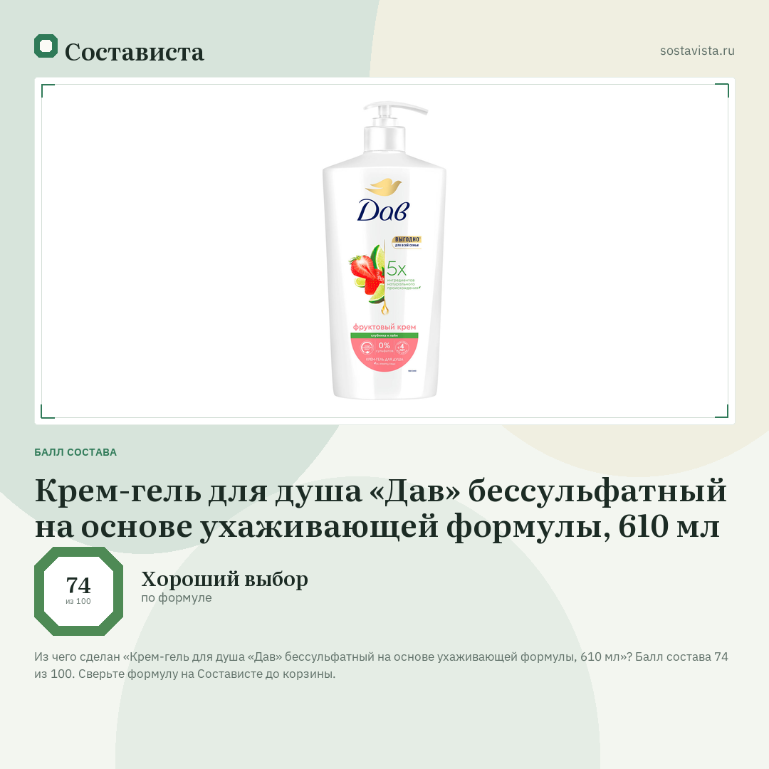 Крем-гель для душа «Дав» бессульфатный на основе ухаживающей формулы, 610 мл: балл состава 74 из 100 — Состависта