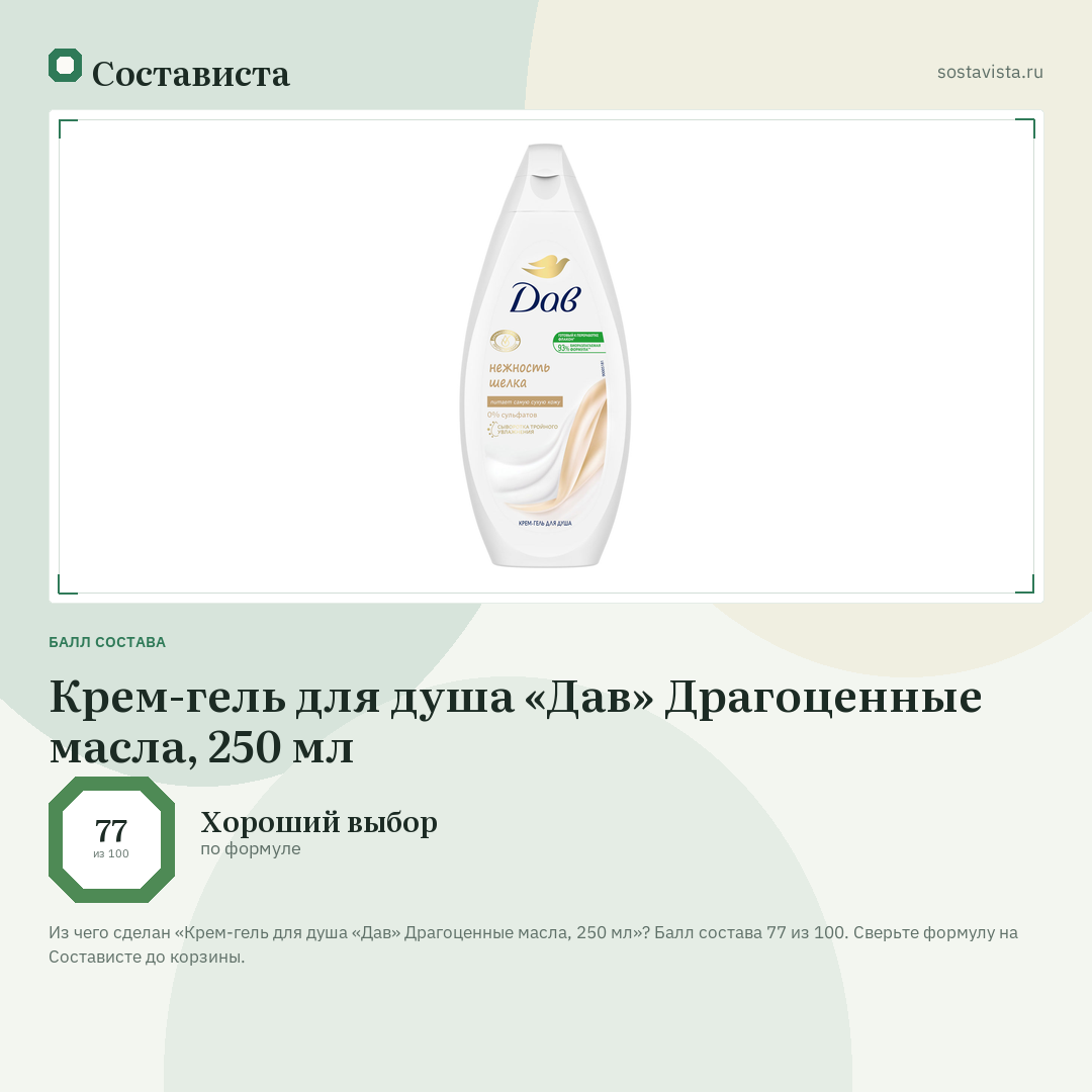 Крем-гель для душа «Дав» Драгоценные масла, 250 мл: балл состава 77 из 100 — Состависта