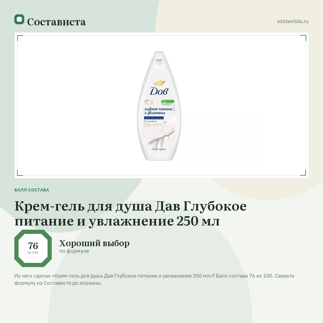 Крем-гель для душа Дав Глубокое питание и увлажнение 250 мл: балл состава 76 из 100 — Состависта