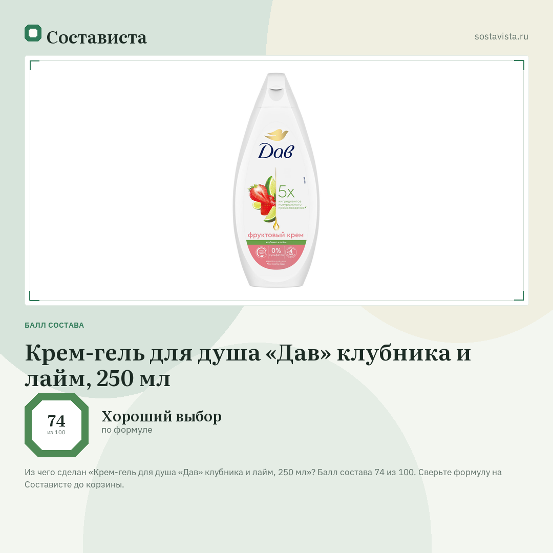 Крем-гель для душа «Дав» клубника и лайм, 250 мл: балл состава 74 из 100 — Состависта