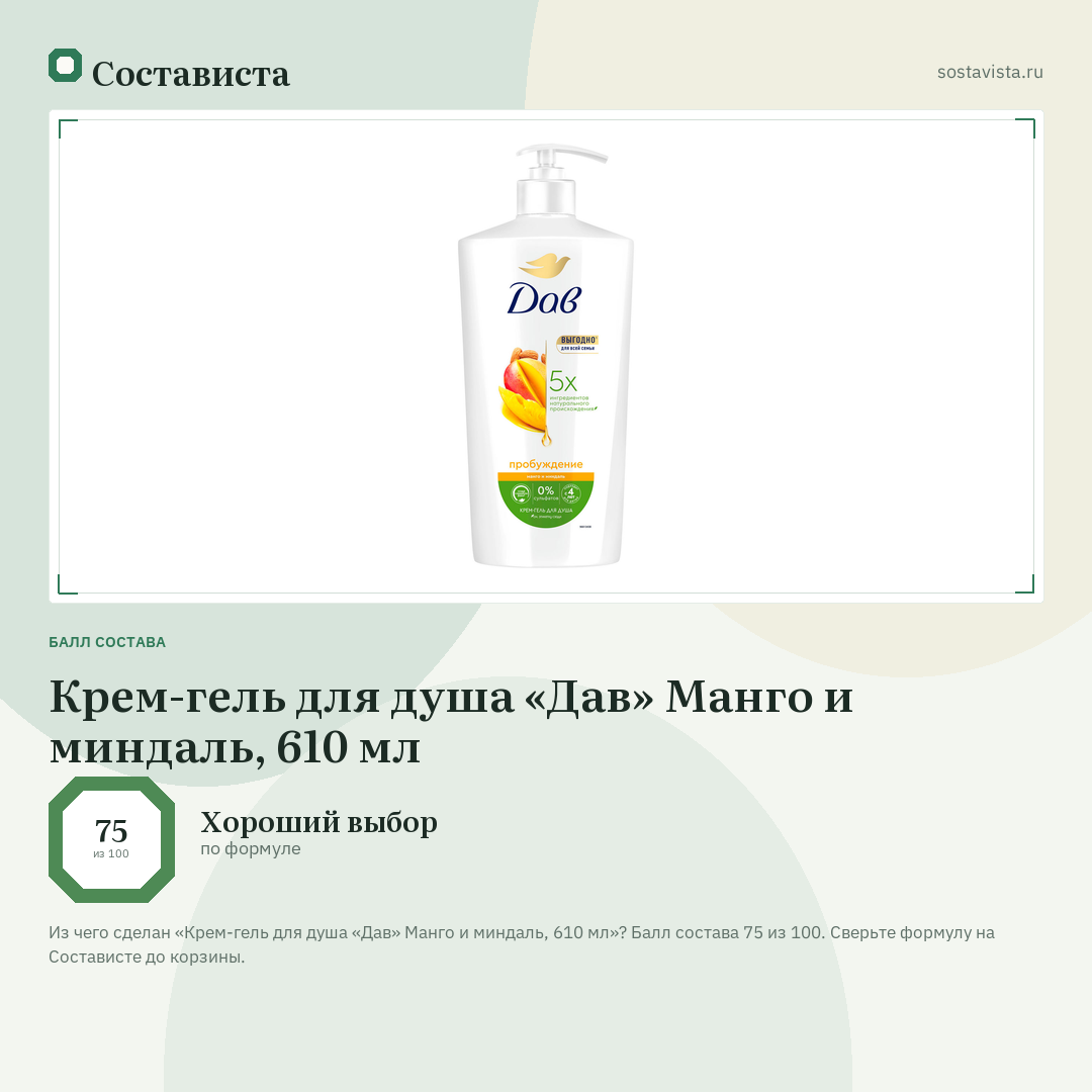 Крем-гель для душа «Дав» Манго и миндаль, 610 мл: балл состава 75 из 100 — Состависта