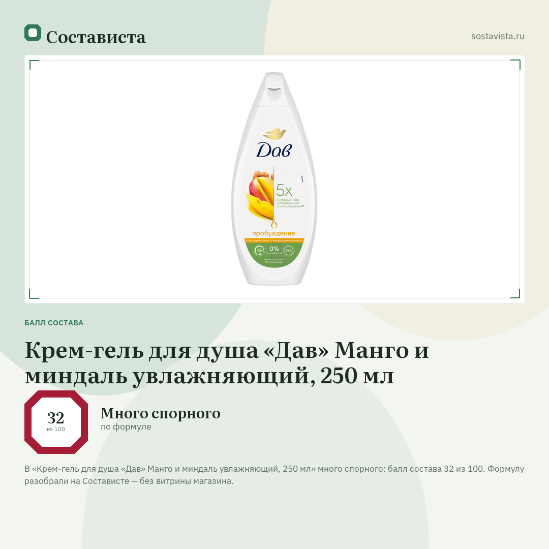 Крем-гель для душа «Дав» Манго и миндаль увлажняющий, 250 мл: балл состава 32 из 100 — Состависта