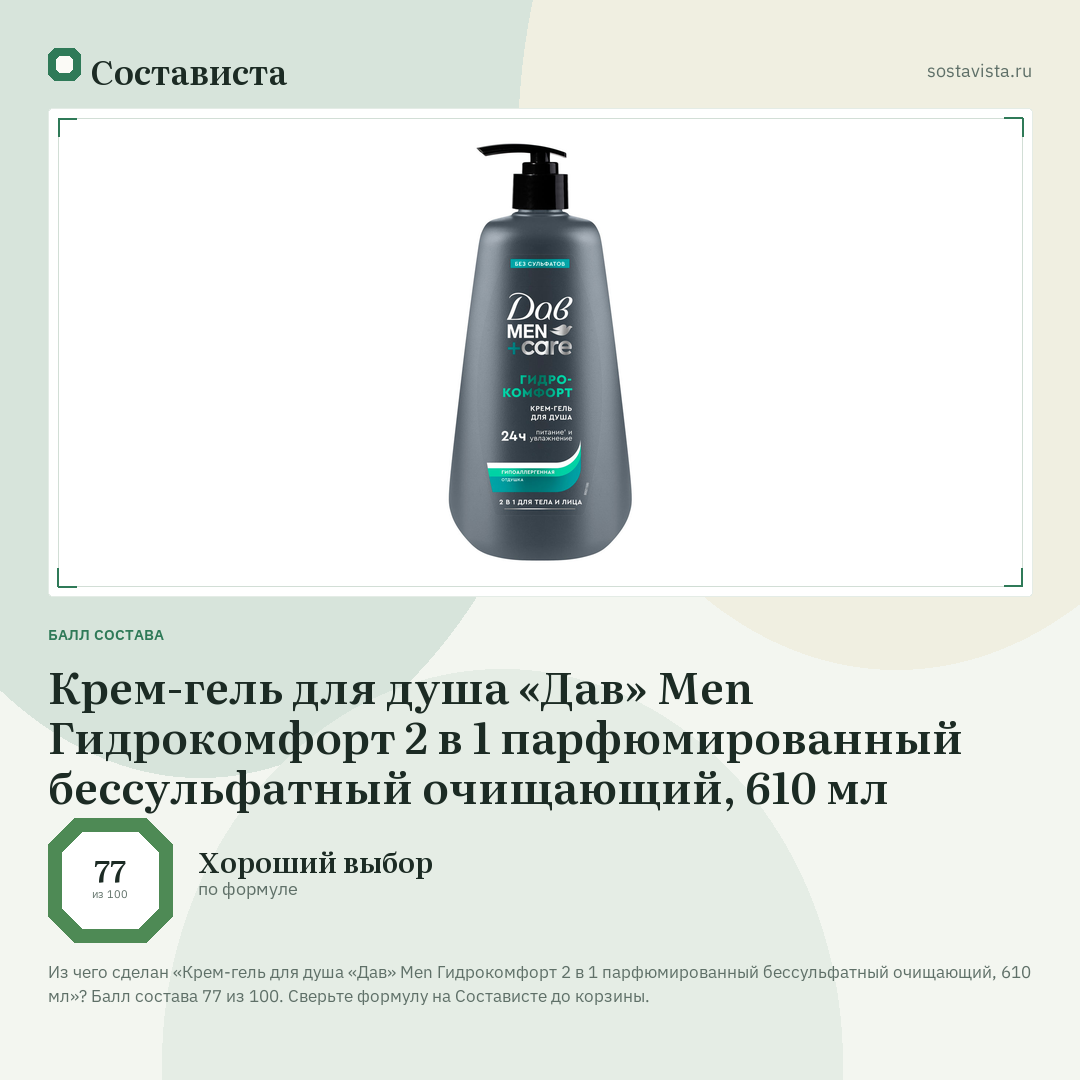 Крем-гель для душа «Дав» Men Гидрокомфорт 2 в 1 парфюмированный бессульфатный очищающий, 610 мл: балл состава 77 из 100 — Состависта