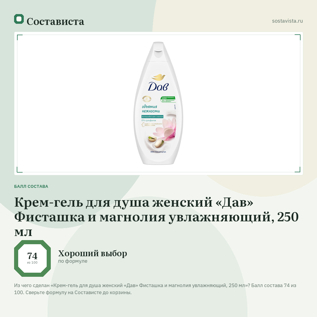 Крем-гель для душа женский «Дав» Фисташка и магнолия увлажняющий, 250 мл: балл состава 74 из 100 — Состависта