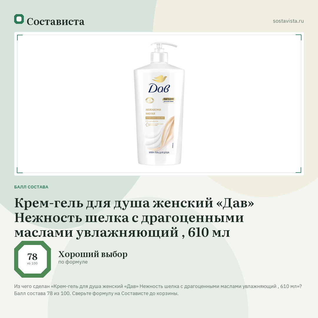 Крем-гель для душа женский «Дав» Нежность шелка с драгоценными маслами увлажняющий , 610 мл: балл состава 78 из 100 — Состависта