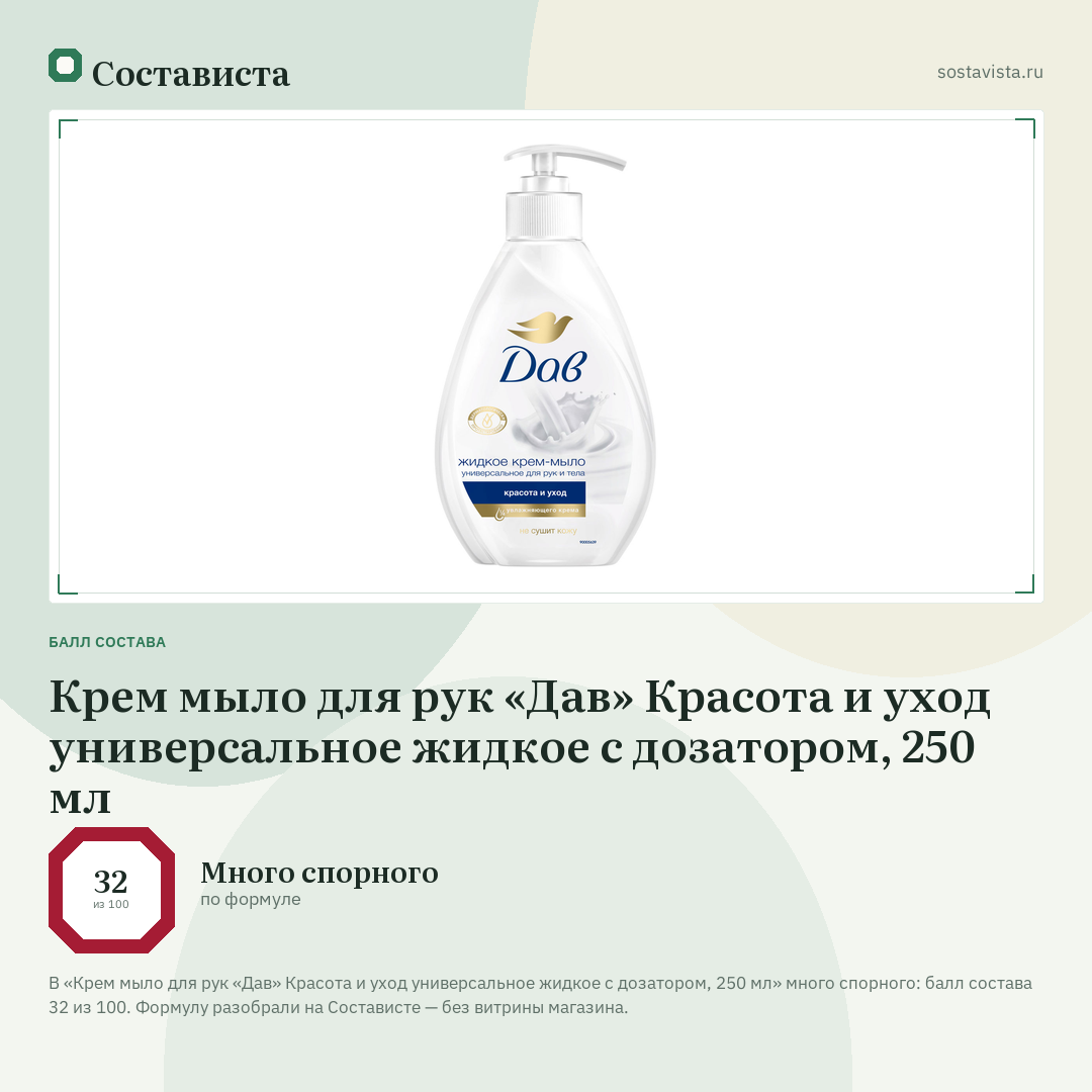Крем мыло для рук «Дав» Красота и уход универсальное жидкое с дозатором, 250 мл: балл состава 32 из 100 — Состависта