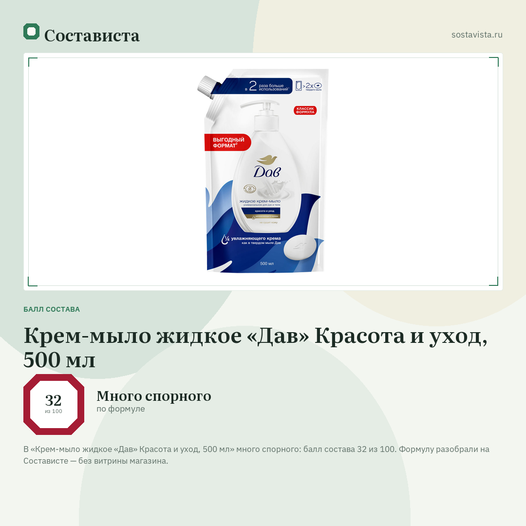 Крем-мыло жидкое «Дав» Красота и уход, 500 мл: балл состава 32 из 100 — Состависта