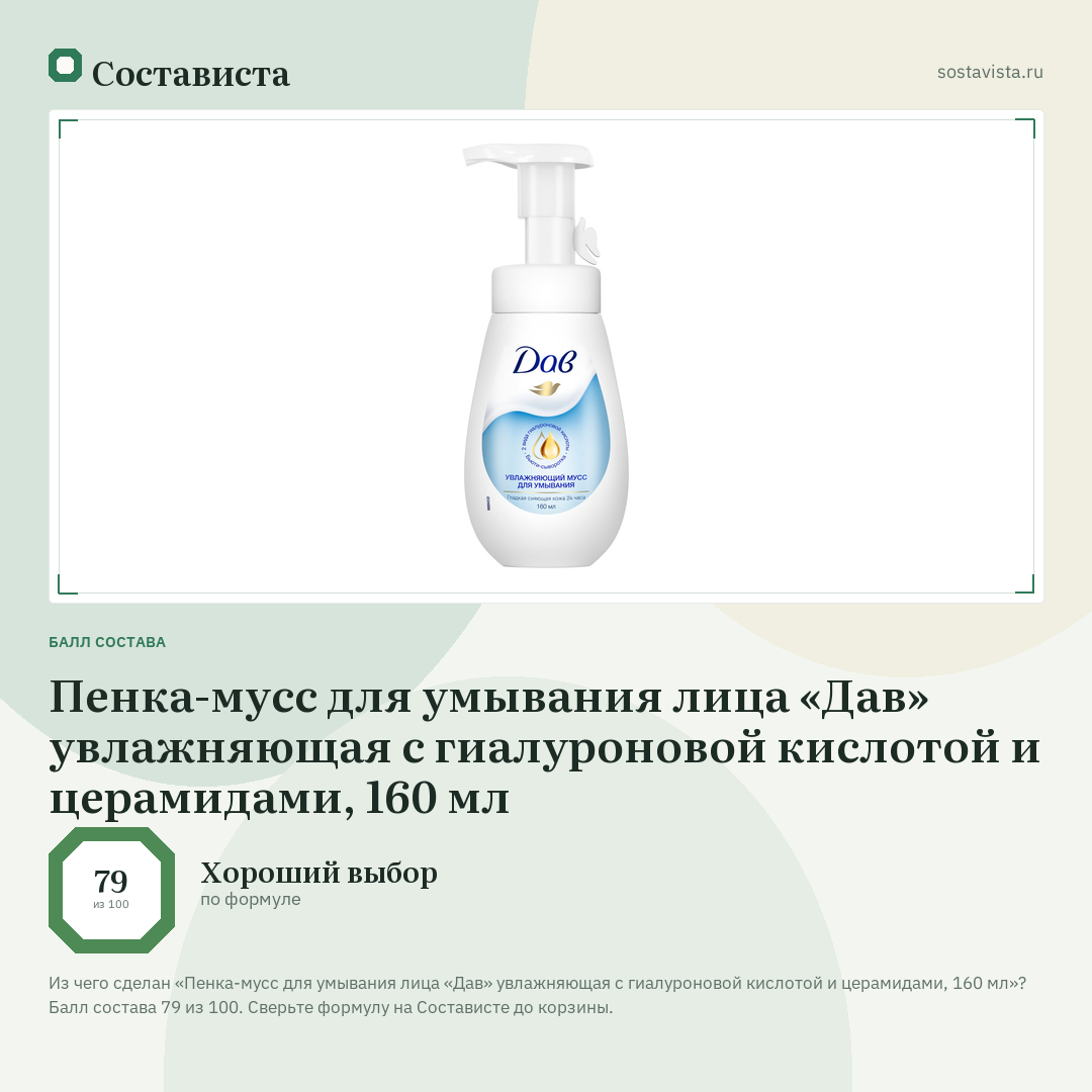 Пенка-мусс для умывания лица «Дав» увлажняющая с гиалуроновой кислотой и церамидами, 160 мл: балл состава 79 из 100 — Состависта