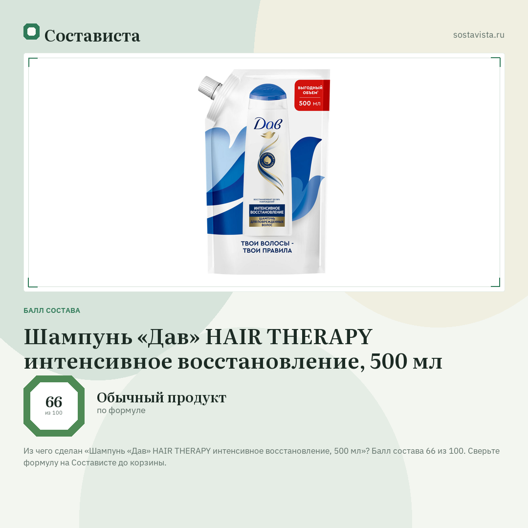 Шампунь «Дав» HAIR THERAPY интенсивное восстановление, 500 мл: балл состава 66 из 100 — Состависта