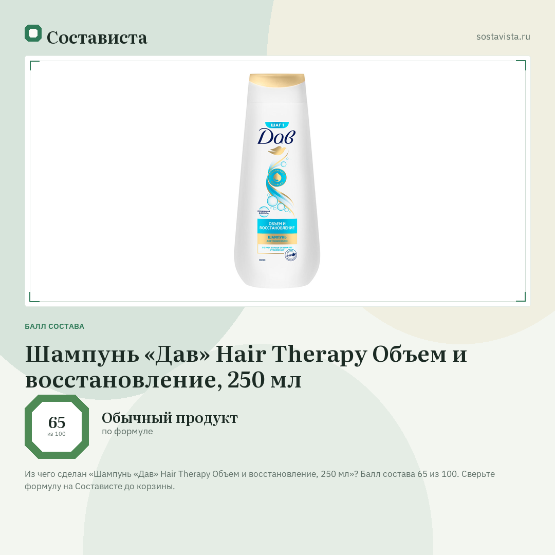 Шампунь «Дав» Hair Therapy Объем и восстановление, 250 мл: балл состава 65 из 100 — Состависта