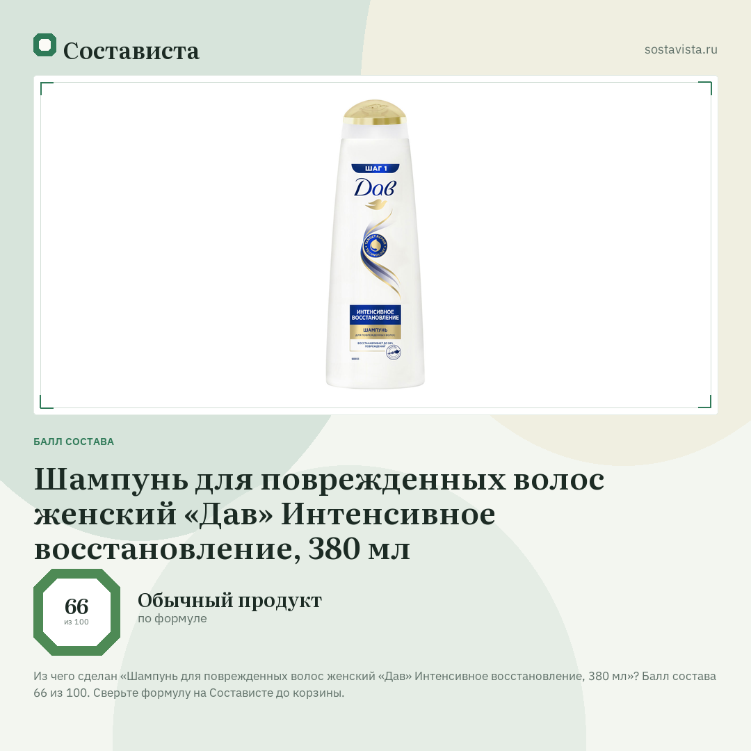 Шампунь для поврежденных волос женский «Дав» Интенсивное восстановление, 380 мл: балл состава 66 из 100 — Состависта