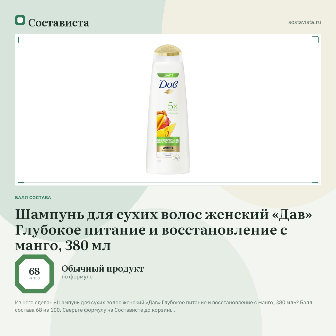 Шампунь для сухих волос женский «Дав» Глубокое питание и восстановление с манго, 380 мл: балл состава 68 из 100 — Состависта