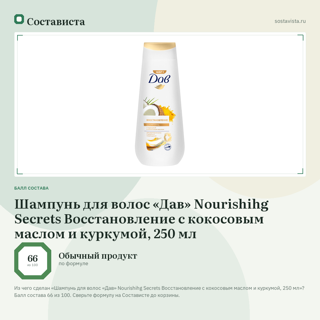 Шампунь для волос «Дав» Nourishihg Secrets Восстановление с кокосовым маслом и куркумой, 250 мл: балл состава 66 из 100 — Состависта