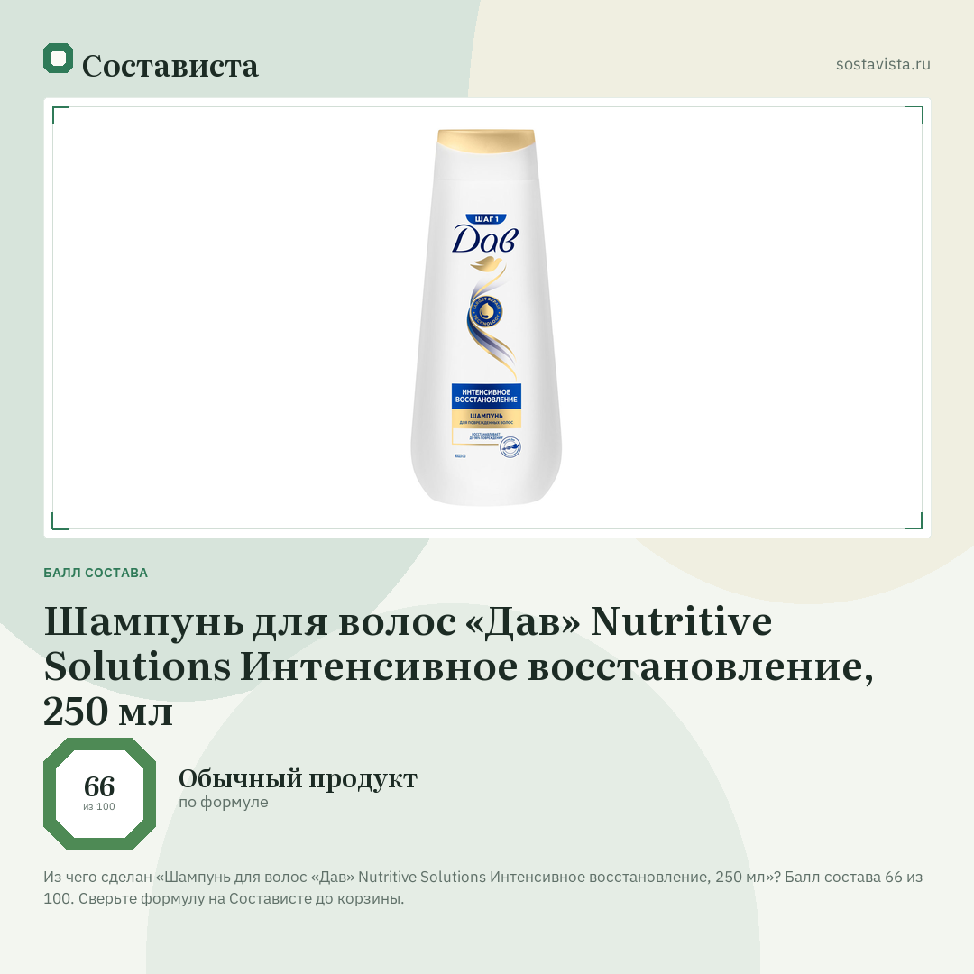 Шампунь для волос «Дав» Nutritive Solutions Интенсивное восстановление, 250 мл: балл состава 66 из 100 — Состависта