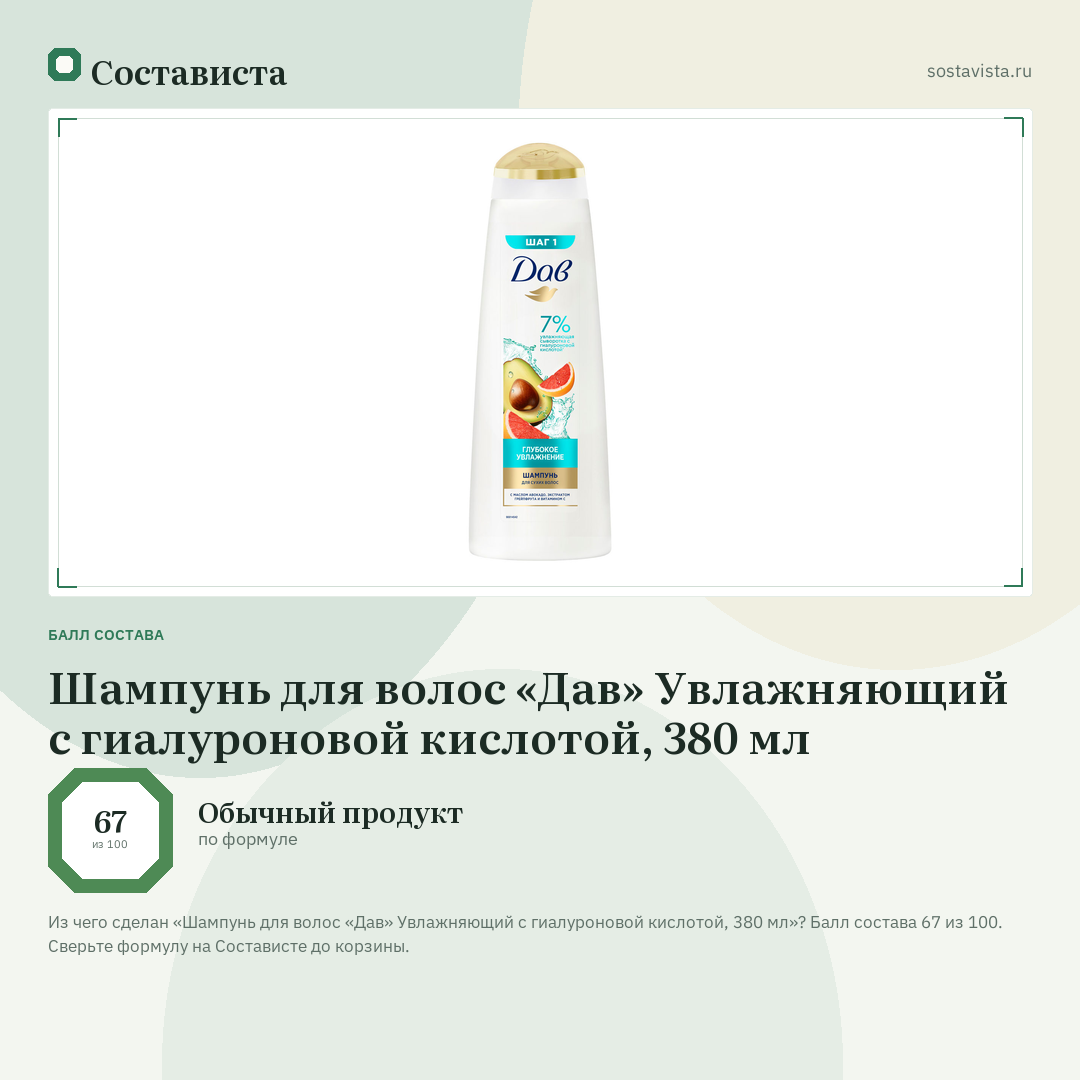 Шампунь для волос «Дав» Увлажняющий с гиалуроновой кислотой, 380 мл: балл состава 67 из 100 — Состависта