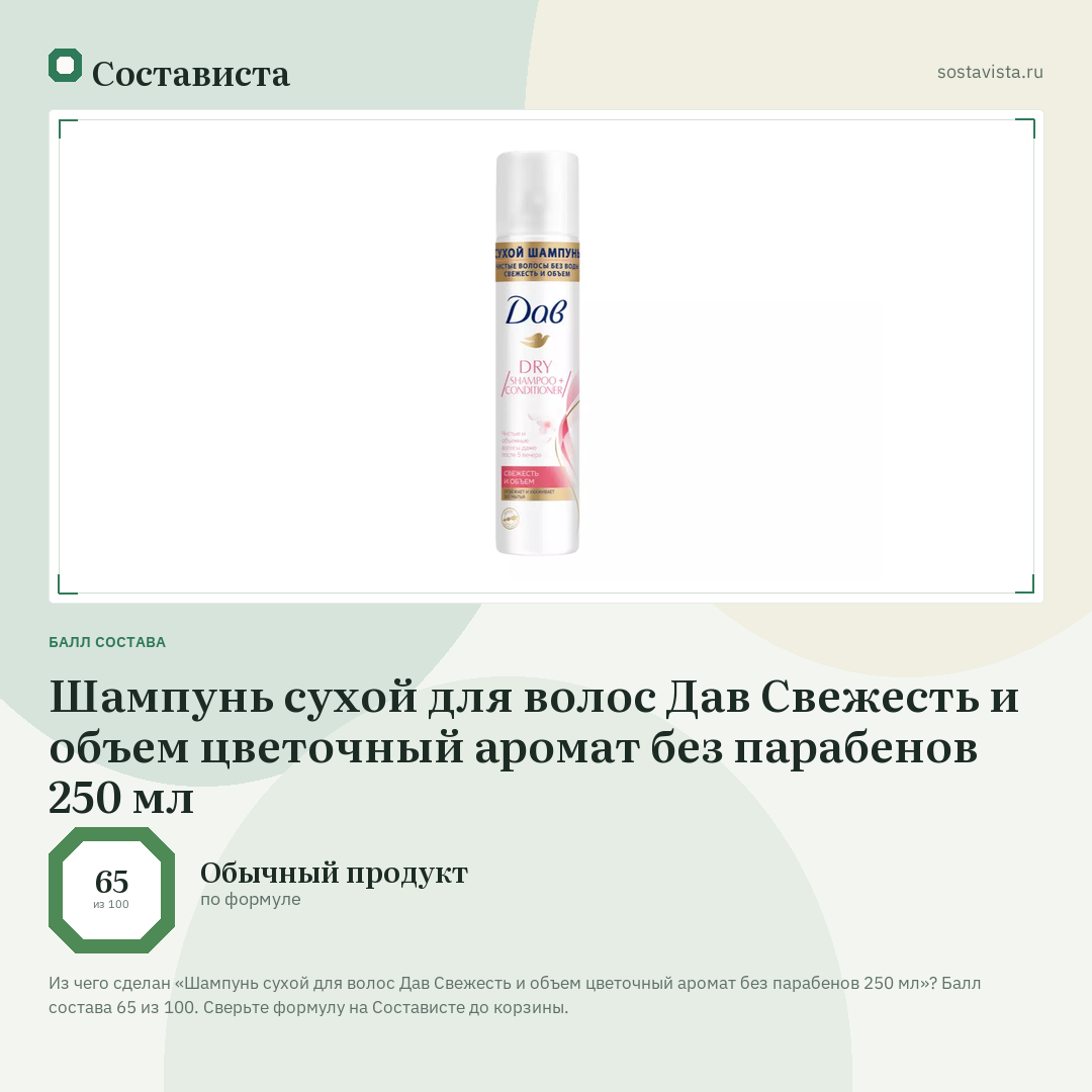 Шампунь сухой для волос Дав Свежесть и объем цветочный аромат без парабенов 250 мл: балл состава 65 из 100 — Состависта