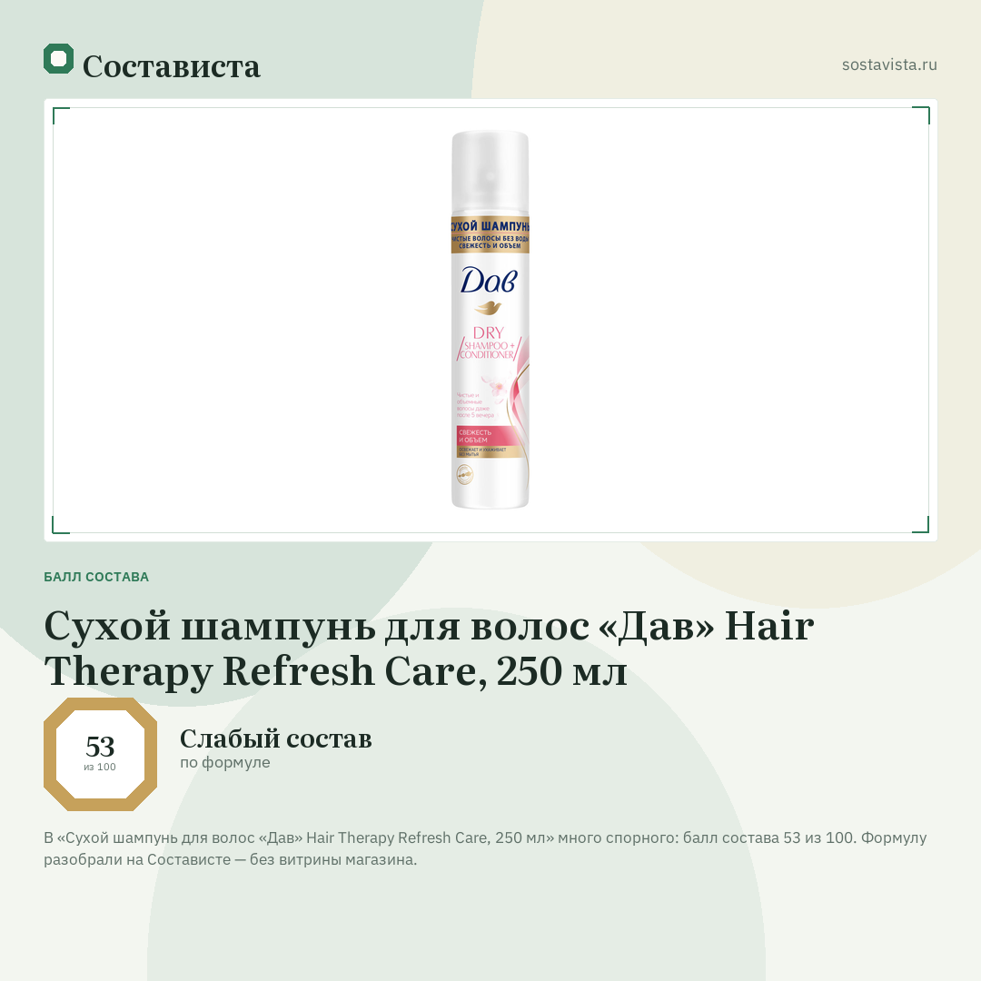 Сухой шампунь для волос «Дав» Hair Therapy Refresh Care, 250 мл: балл состава 53 из 100 — Состависта