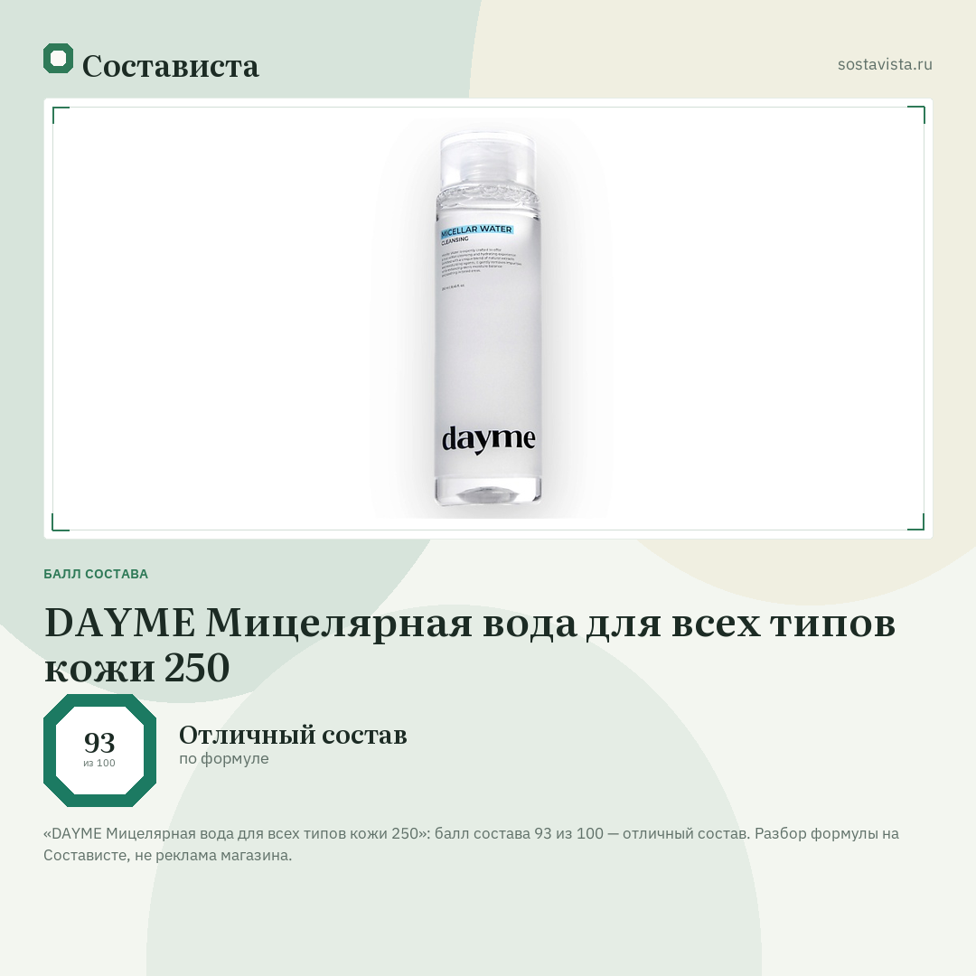 DAYME Мицелярная вода для всех типов кожи 250: балл состава 93 из 100 — Состависта