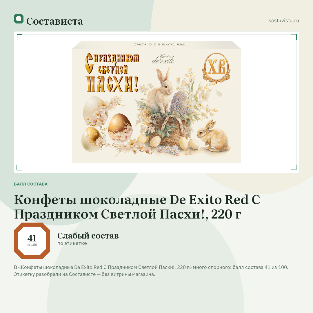 Конфеты шоколадные De Exito Red С Праздником Светлой Пасхи!, 220 г: балл состава 41 из 100 — Состависта