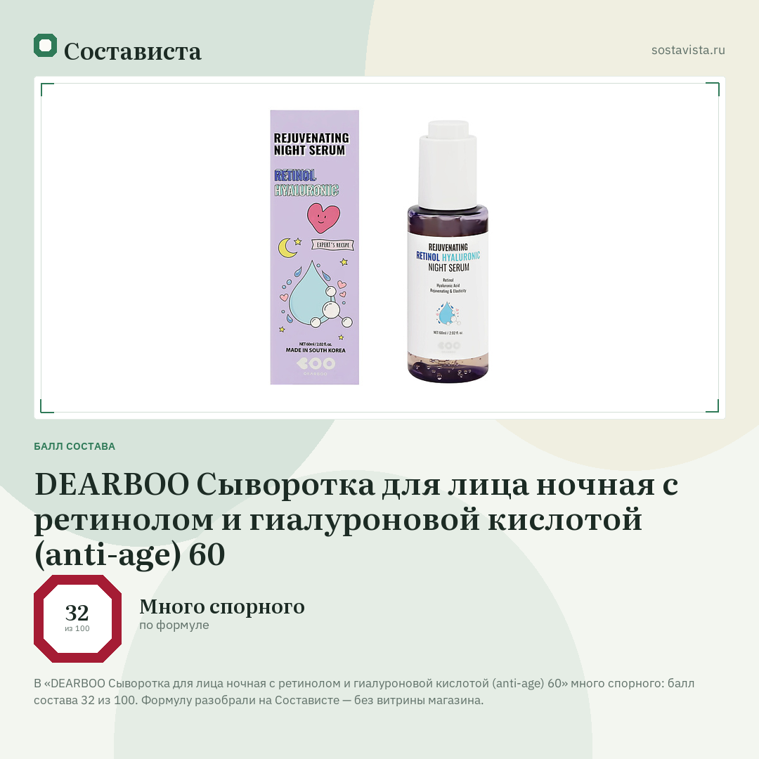 DEARBOO Сыворотка для лица ночная с ретинолом и гиалуроновой кислотой (anti-age) 60: балл состава 32 из 100 — Состависта