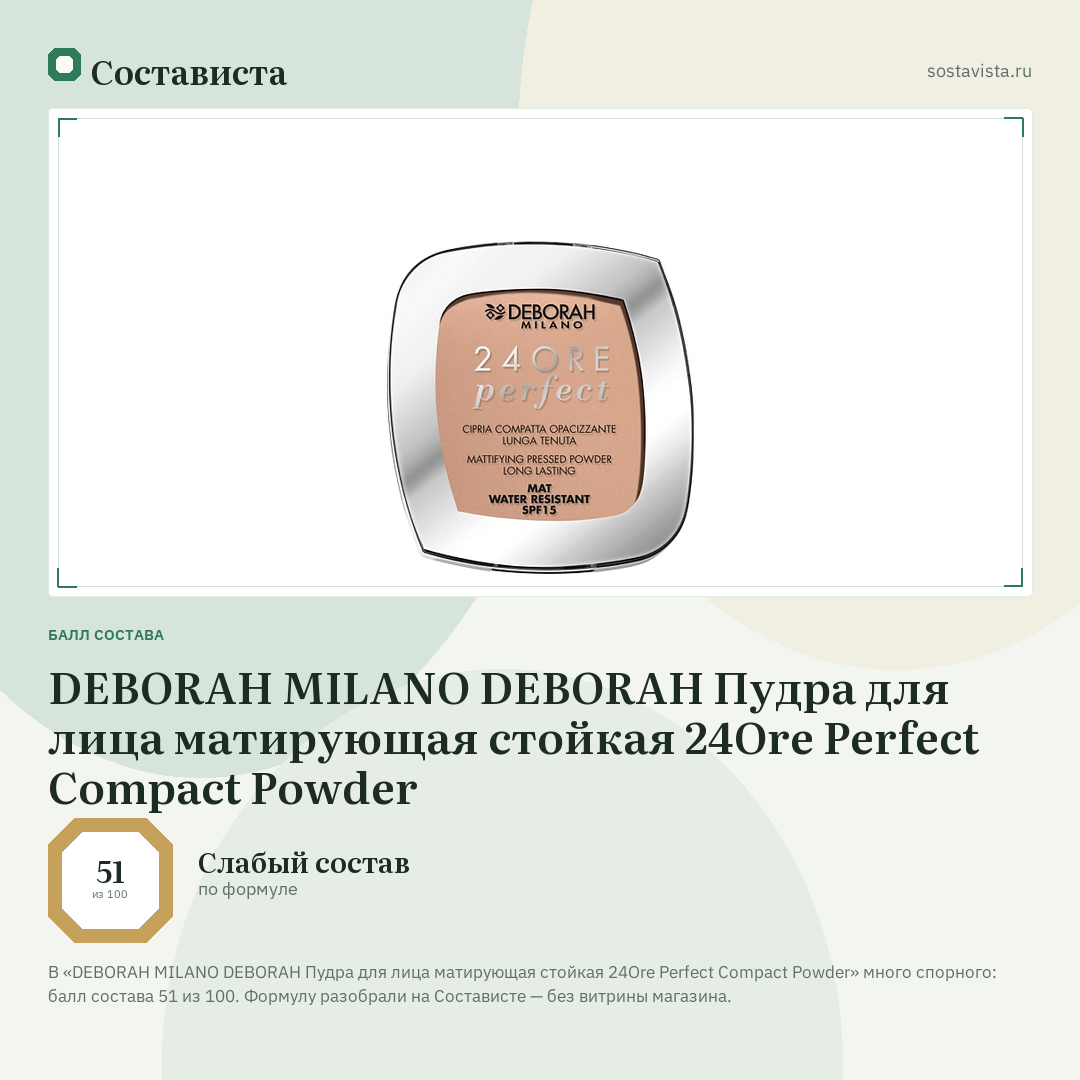 DEBORAH MILANO DEBORAH Пудра для лица матирующая стойкая 24Ore Perfect Compact Powder: балл состава 51 из 100 — Состависта