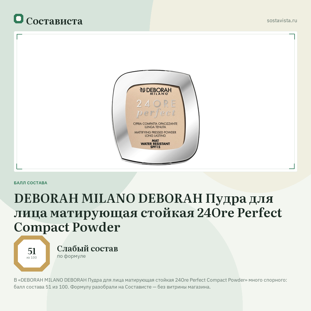 DEBORAH MILANO DEBORAH Пудра для лица матирующая стойкая 24Ore Perfect Compact Powder: балл состава 51 из 100 — Состависта