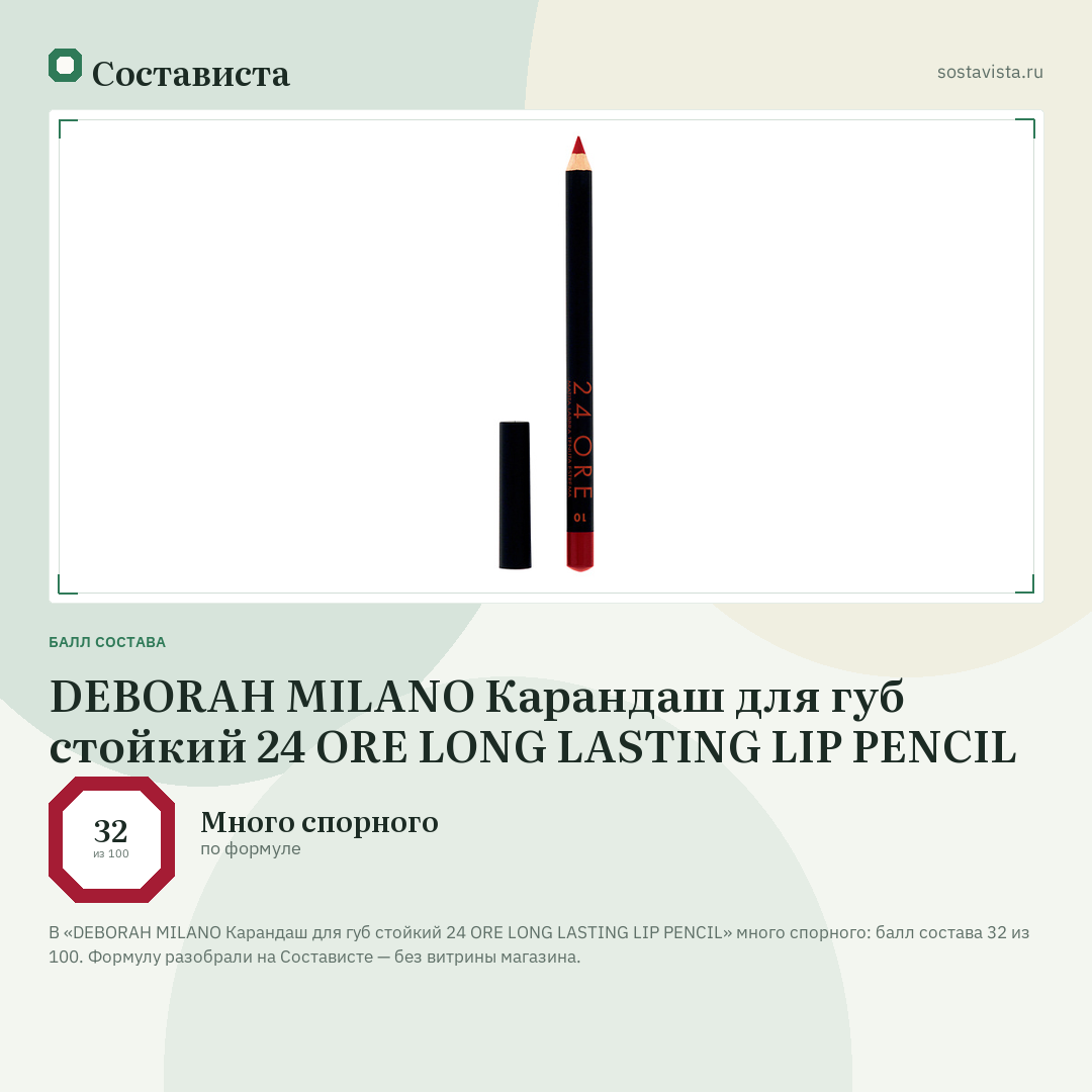 DEBORAH MILANO Карандаш для губ стойкий 24 ORE LONG LASTING LIP PENCIL: балл состава 32 из 100 — Состависта
