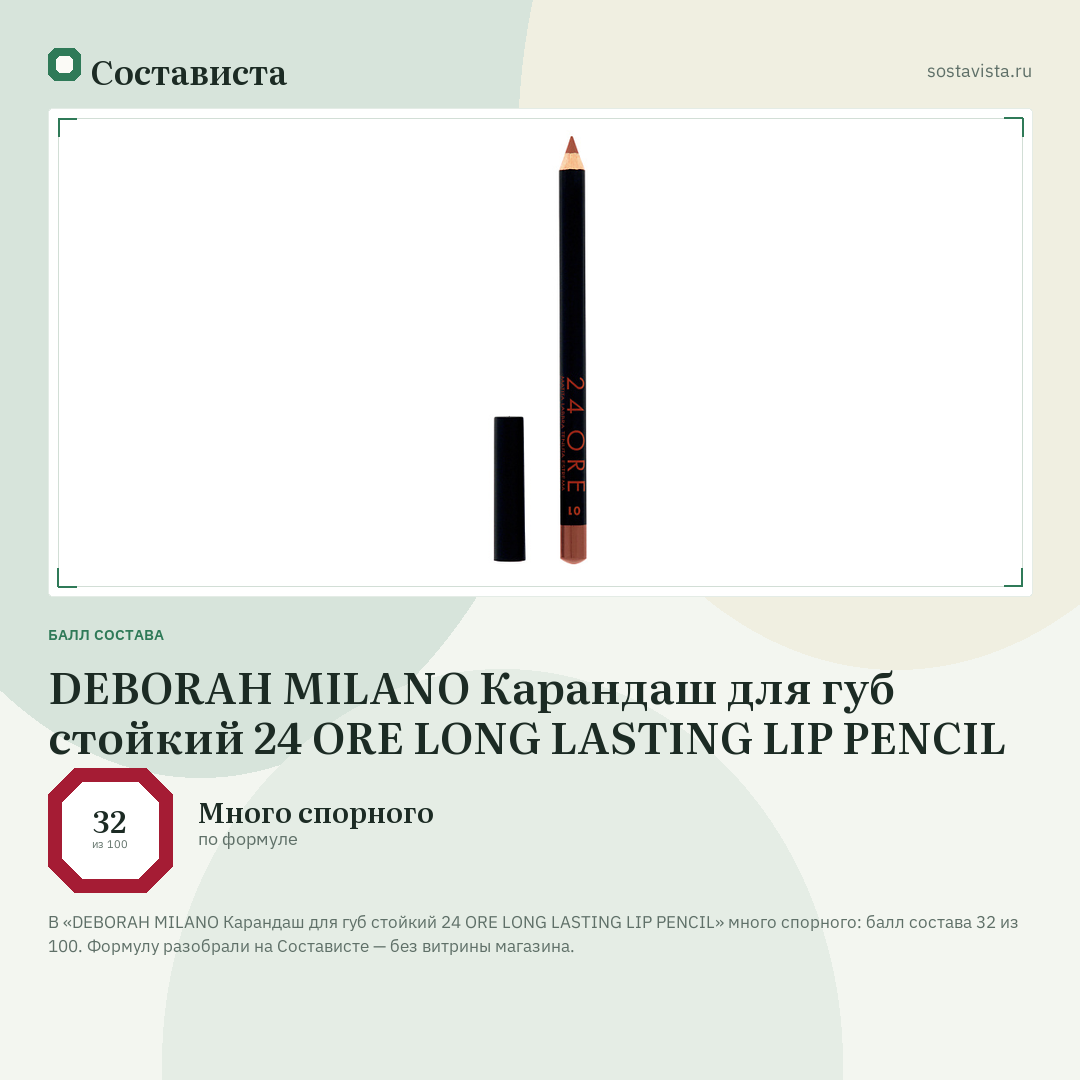 DEBORAH MILANO Карандаш для губ стойкий 24 ORE LONG LASTING LIP PENCIL: балл состава 32 из 100 — Состависта