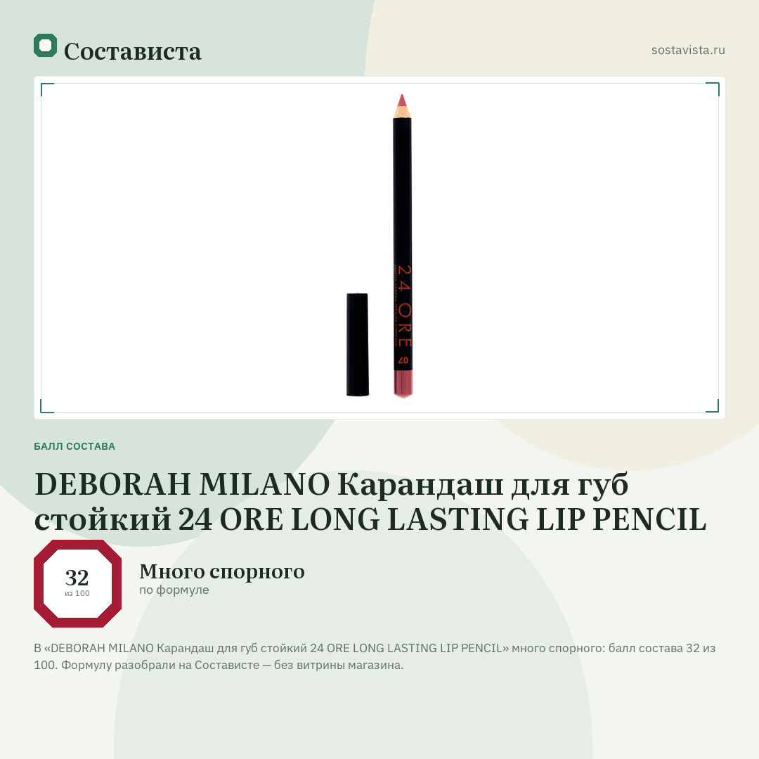 DEBORAH MILANO Карандаш для губ стойкий 24 ORE LONG LASTING LIP PENCIL: балл состава 32 из 100 — Состависта