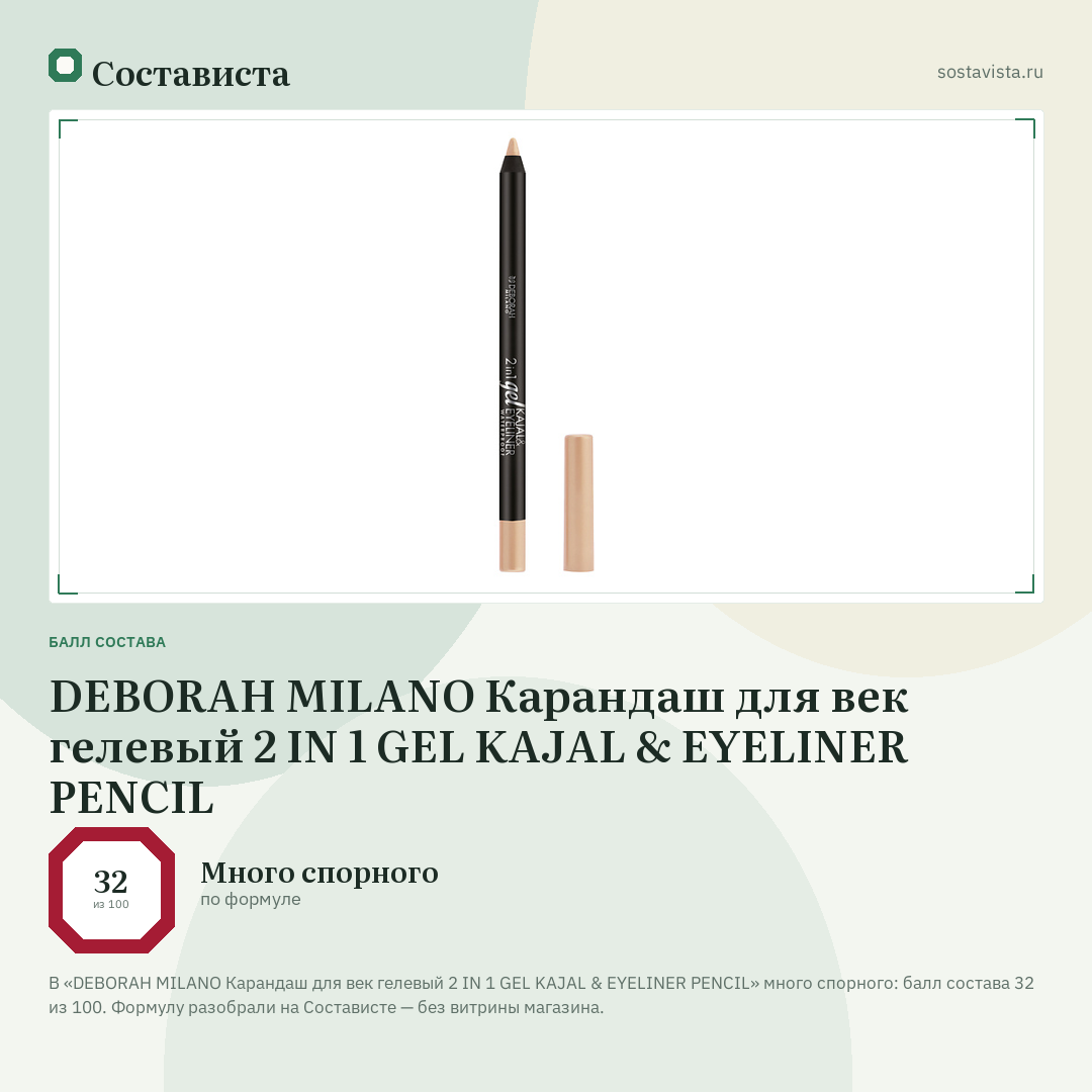 DEBORAH MILANO Карандаш для век гелевый 2 IN 1 GEL KAJAL & EYELINER PENCIL: балл состава 32 из 100 — Состависта