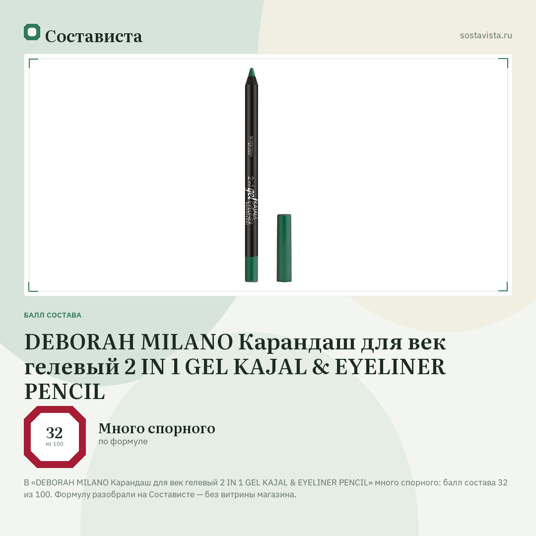 DEBORAH MILANO Карандаш для век гелевый 2 IN 1 GEL KAJAL & EYELINER PENCIL: балл состава 32 из 100 — Состависта