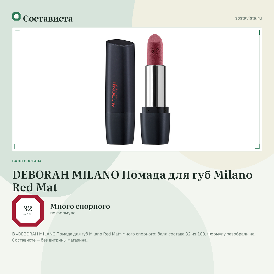 DEBORAH MILANO Помада для губ Milano Red Mat: балл состава 32 из 100 — Состависта