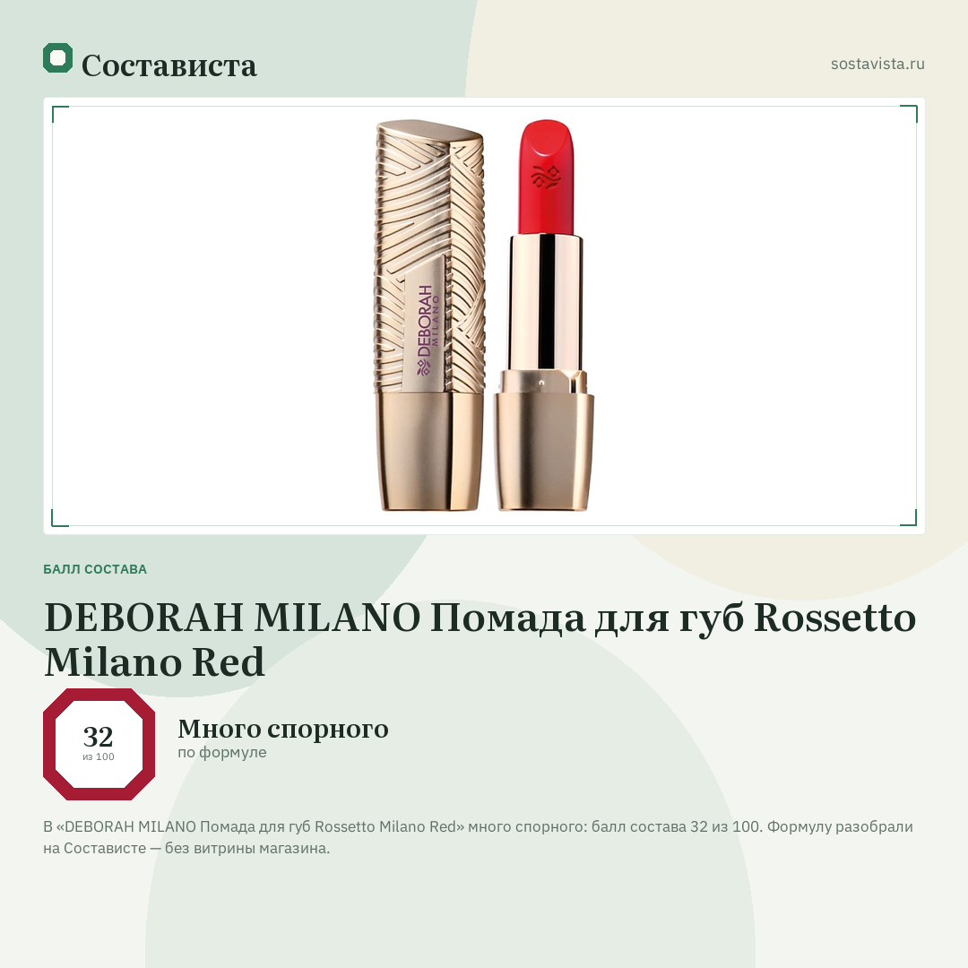 DEBORAH MILANO Помада для губ Rossetto Milano Red: балл состава 32 из 100 — Состависта
