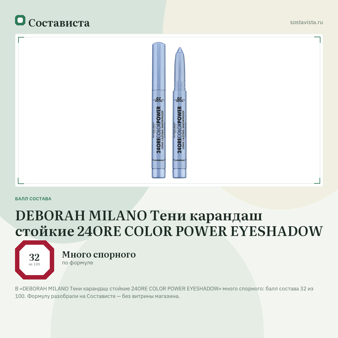 DEBORAH MILANO Тени карандаш стойкие 24ORE COLOR POWER EYESHADOW: балл состава 32 из 100 — Состависта