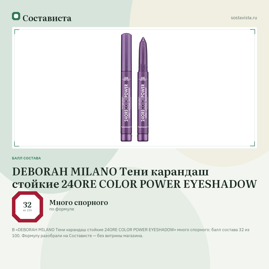 DEBORAH MILANO Тени карандаш стойкие 24ORE COLOR POWER EYESHADOW: балл состава 32 из 100 — Состависта