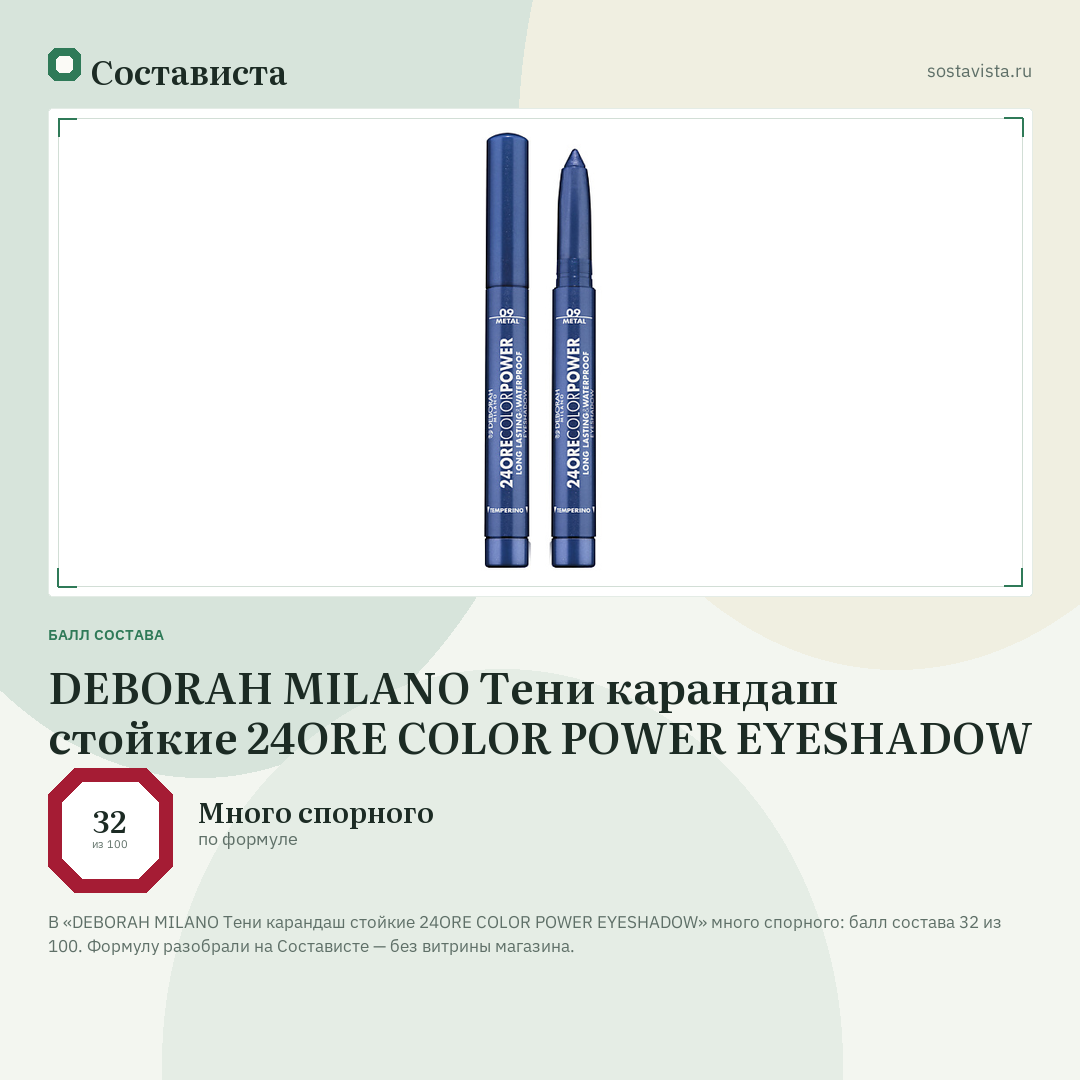 DEBORAH MILANO Тени карандаш стойкие 24ORE COLOR POWER EYESHADOW: балл состава 32 из 100 — Состависта