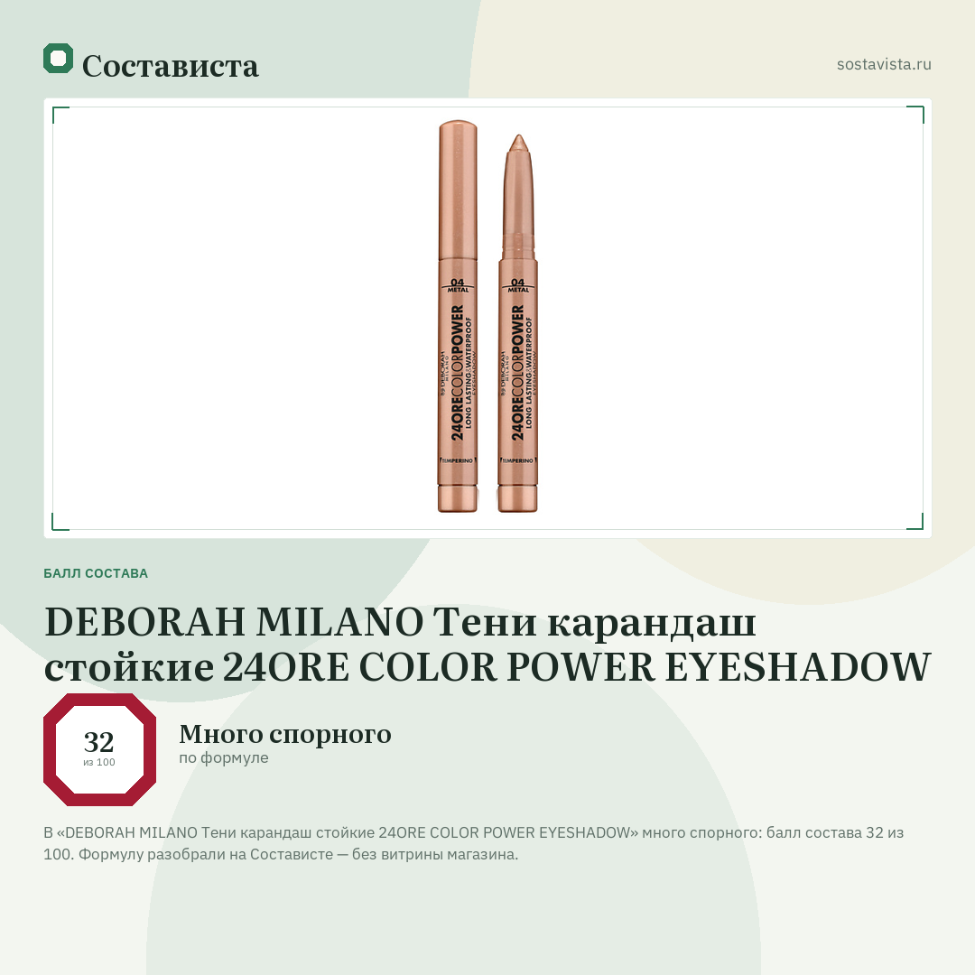 DEBORAH MILANO Тени карандаш стойкие 24ORE COLOR POWER EYESHADOW: балл состава 32 из 100 — Состависта