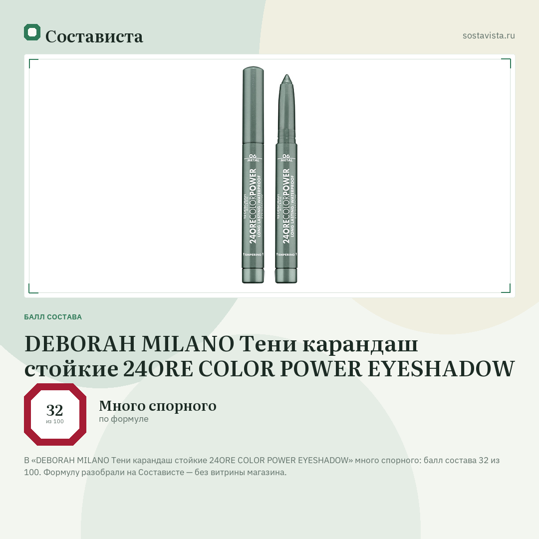 DEBORAH MILANO Тени карандаш стойкие 24ORE COLOR POWER EYESHADOW: балл состава 32 из 100 — Состависта