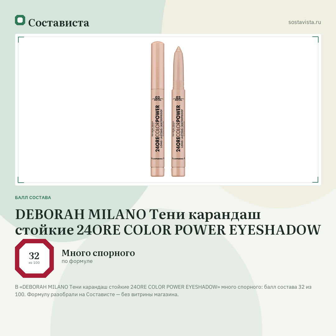 DEBORAH MILANO Тени карандаш стойкие 24ORE COLOR POWER EYESHADOW: балл состава 32 из 100 — Состависта