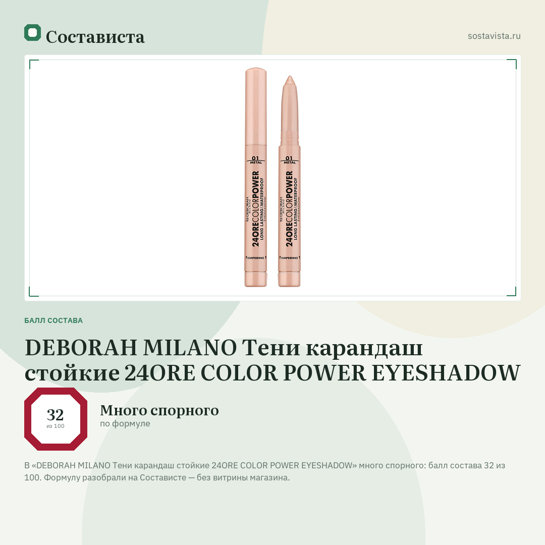 DEBORAH MILANO Тени карандаш стойкие 24ORE COLOR POWER EYESHADOW: балл состава 32 из 100 — Состависта