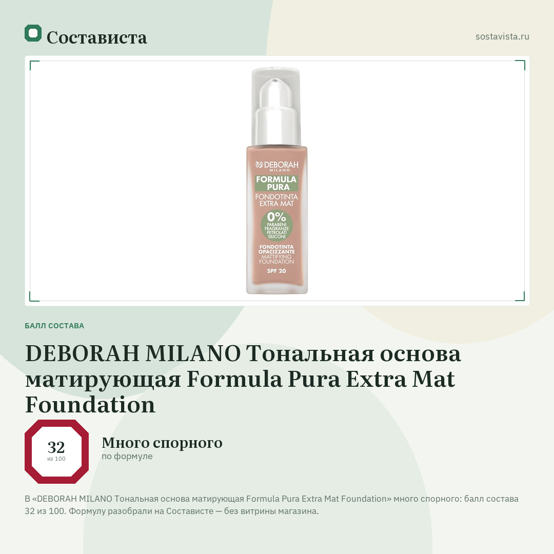 DEBORAH MILANO Тональная основа матирующая Formula Pura Extra Mat Foundation: балл состава 32 из 100 — Состависта