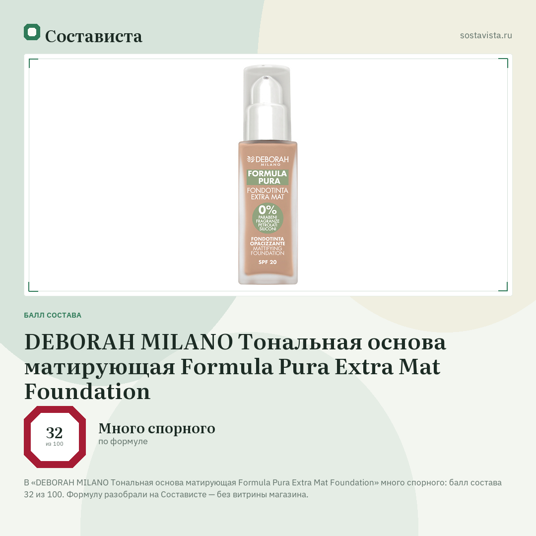 DEBORAH MILANO Тональная основа матирующая Formula Pura Extra Mat Foundation: балл состава 32 из 100 — Состависта
