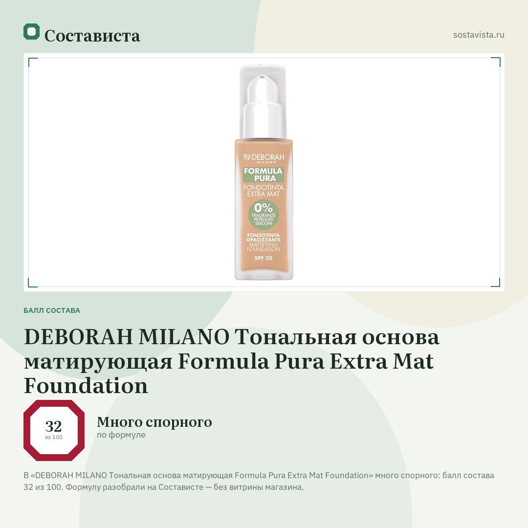 DEBORAH MILANO Тональная основа матирующая Formula Pura Extra Mat Foundation: балл состава 32 из 100 — Состависта