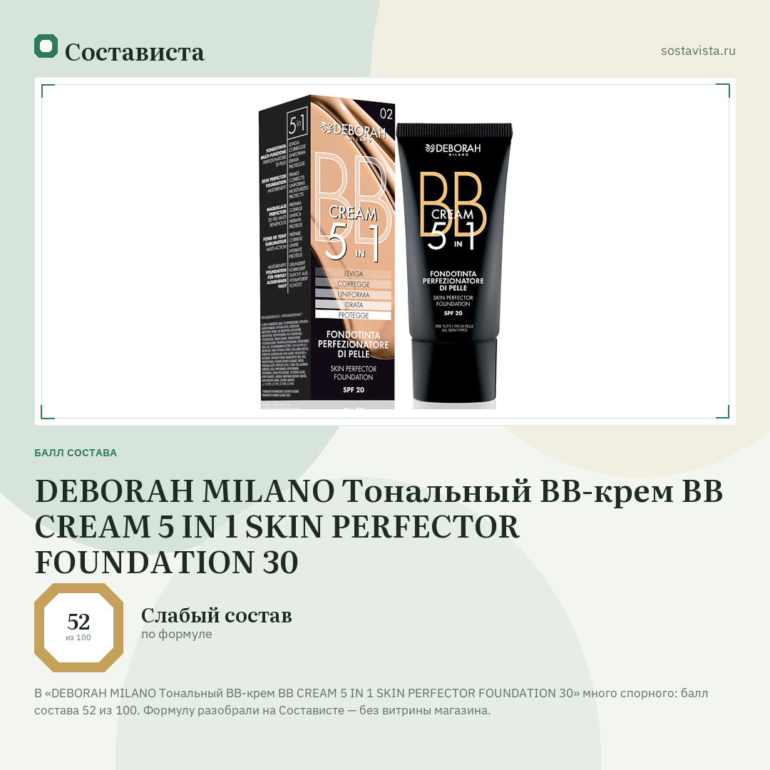 DEBORAH MILANO Тональный ВВ-крем BB CREAM 5 IN 1 SKIN PERFECTOR FOUNDATION 30: балл состава 52 из 100 — Состависта