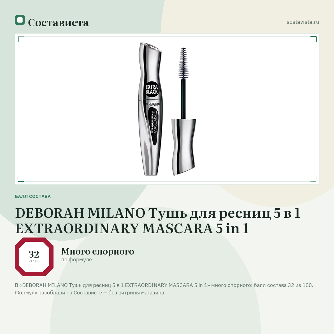 DEBORAH MILANO Тушь для ресниц 5 в 1 EXTRAORDINARY MASCARA 5 in 1: балл состава 32 из 100 — Состависта