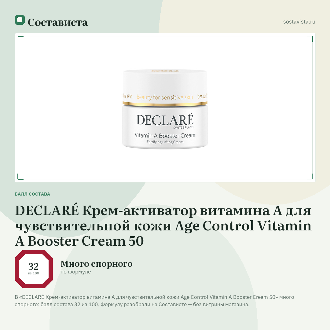 DECLARÉ Крем-активатор витамина А для чувствительной кожи Age Control Vitamin A Booster Cream 50: балл состава 32 из 100 — Состависта